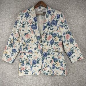 VTG Worthington Floral Blazer 10P Cottagecore Granny Boho Woven Linen Blend 90s